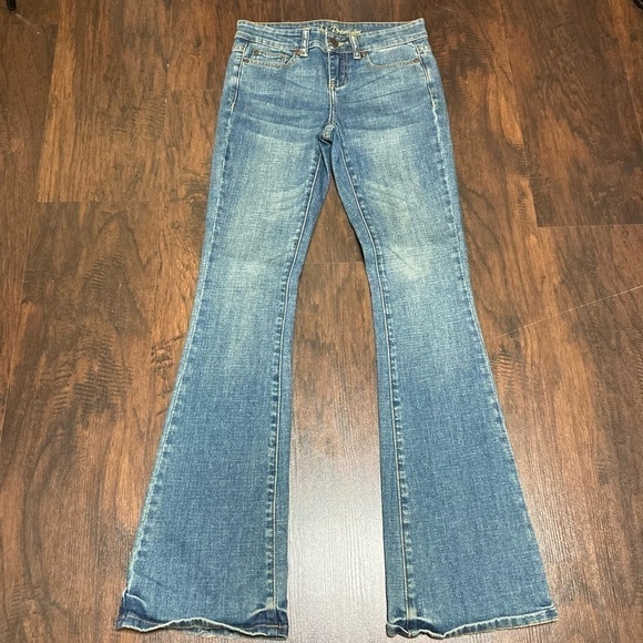 CACHE PREMIUM stretch boot cut flare denim jeans Vintage 90s dirty wash EUC 0 - Picture 1 of 12